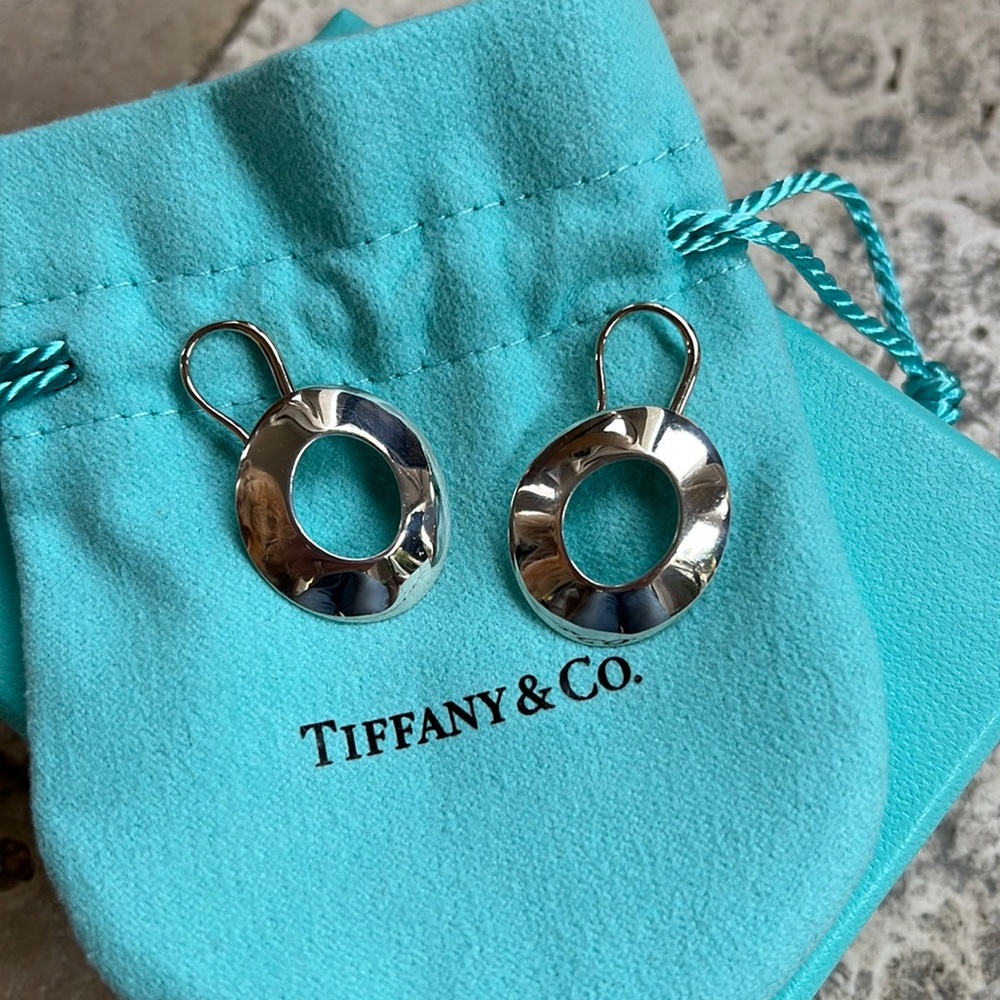 Tiffany & Co. Sterling Silver Open Hoop Drop Earrings on Tiffany Blue Pouch